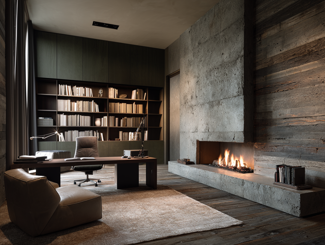 Modern home office with a fireplace, bookshelf, desk, and comfortable chair.