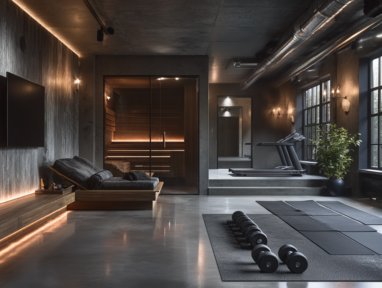 Modern gym with treadmill, dumbbells, yoga mats, and black leather lounge chair in a industrial-style room with large windows, plants, and warm lighting.