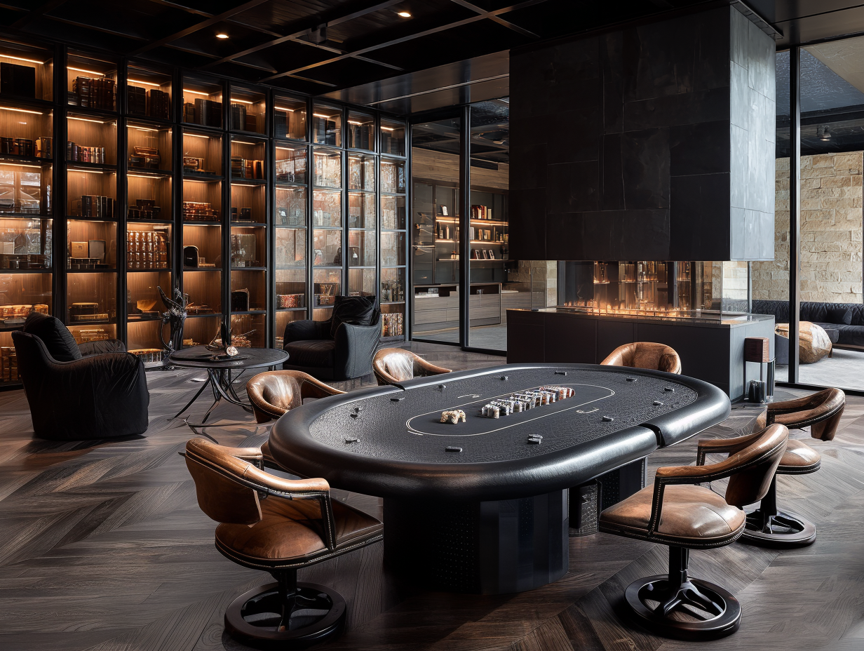 Luxury poker room with a poker table surrounded by leather chairs, a glass cigar display, and a modern fireplace, with large windows and wooden flooring.