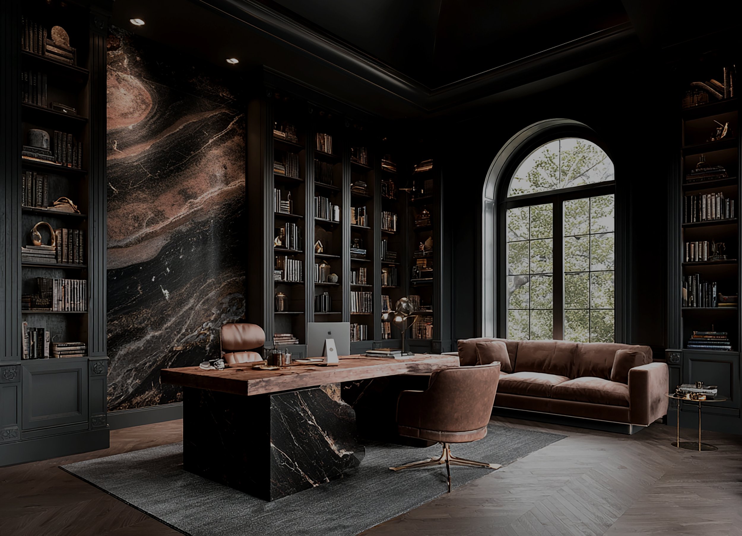 Luxurious office with dark walls and a large arched window, featuring built-in bookshelves, a marble desk, a tan leather chair, a brown sofa, and decorative objects.