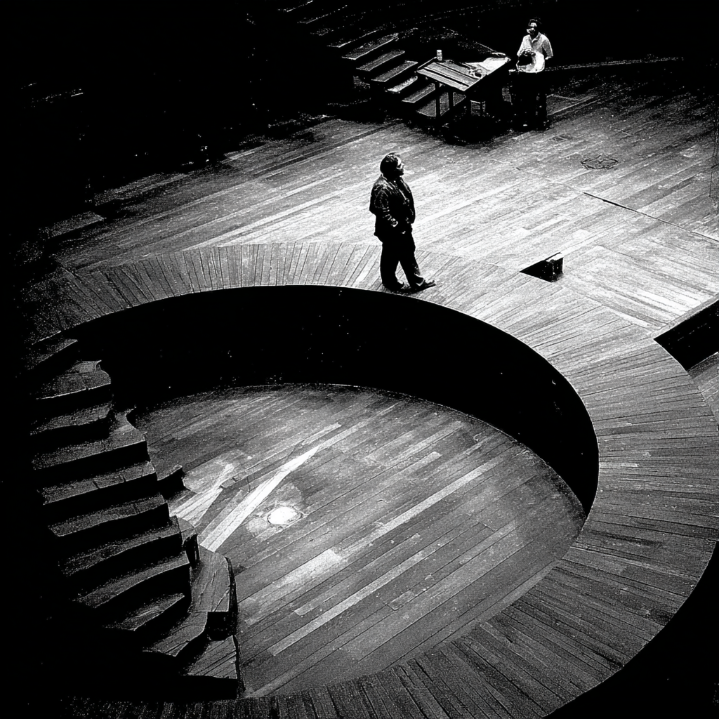 A black and white photograph of an indoor space with a spiral staircase and a large circular hole in the wooden floor. Two people are present; one standing near the center and the other near the top, with one sitting at a table.