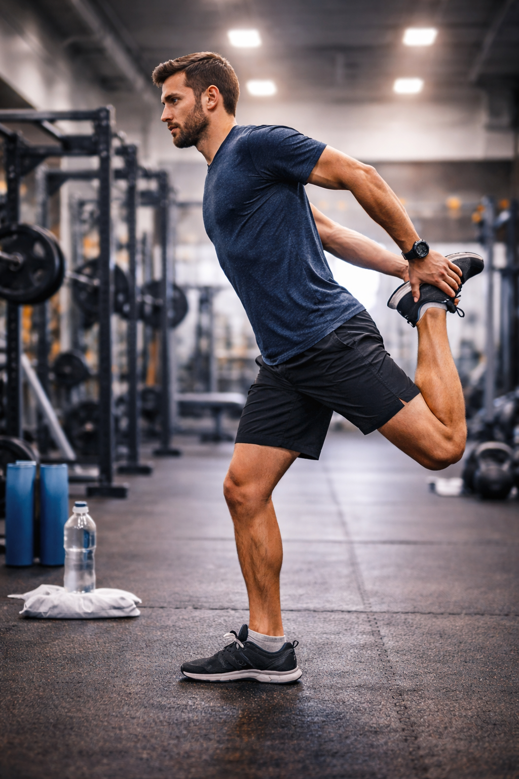 A man in a gym stretching his leg behind him, holding his ankle with one hand while balancing on the other foot.