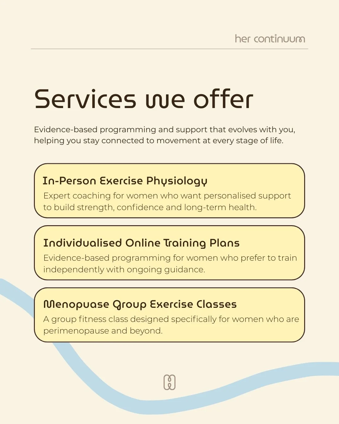 We deliver evidence-based programming and support that evolves with you, helping you stay connected to movement at every stage of life.

Our services include:
&bull; Individualised training plans
&bull; 1:1 in-person sessions
&bull; Menopause group f