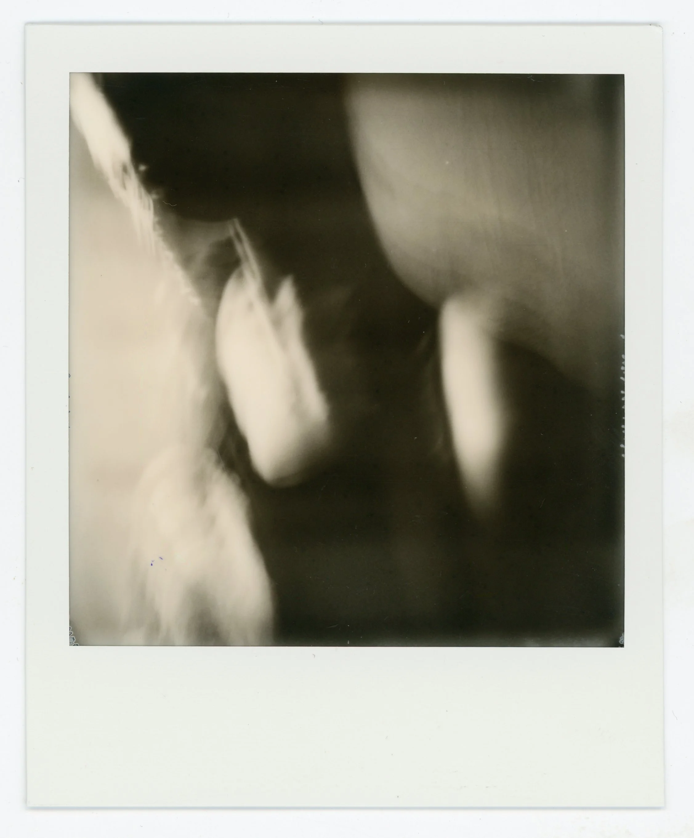 Black and white polaroid photo showing a close-up of two people kissing.
