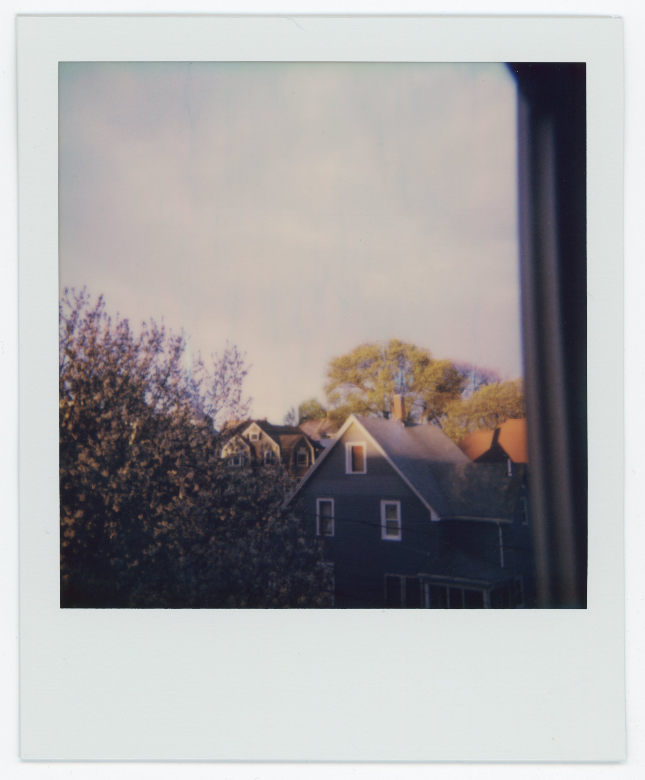 A view of houses and trees through a window with a black frame, with the sky above and soft lighting.