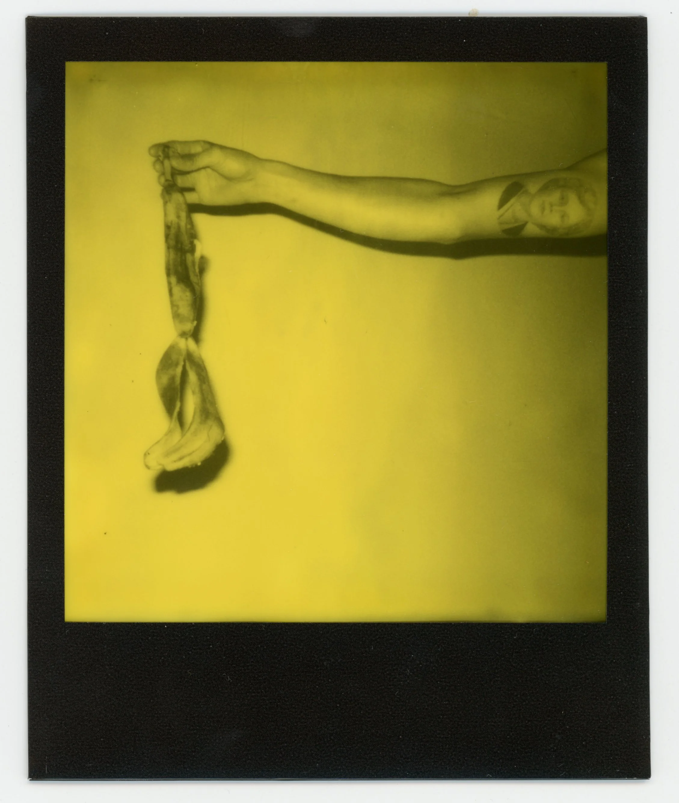 Polaroid photograph of a person's extended arm holding a bunch of bananas against a yellow background.