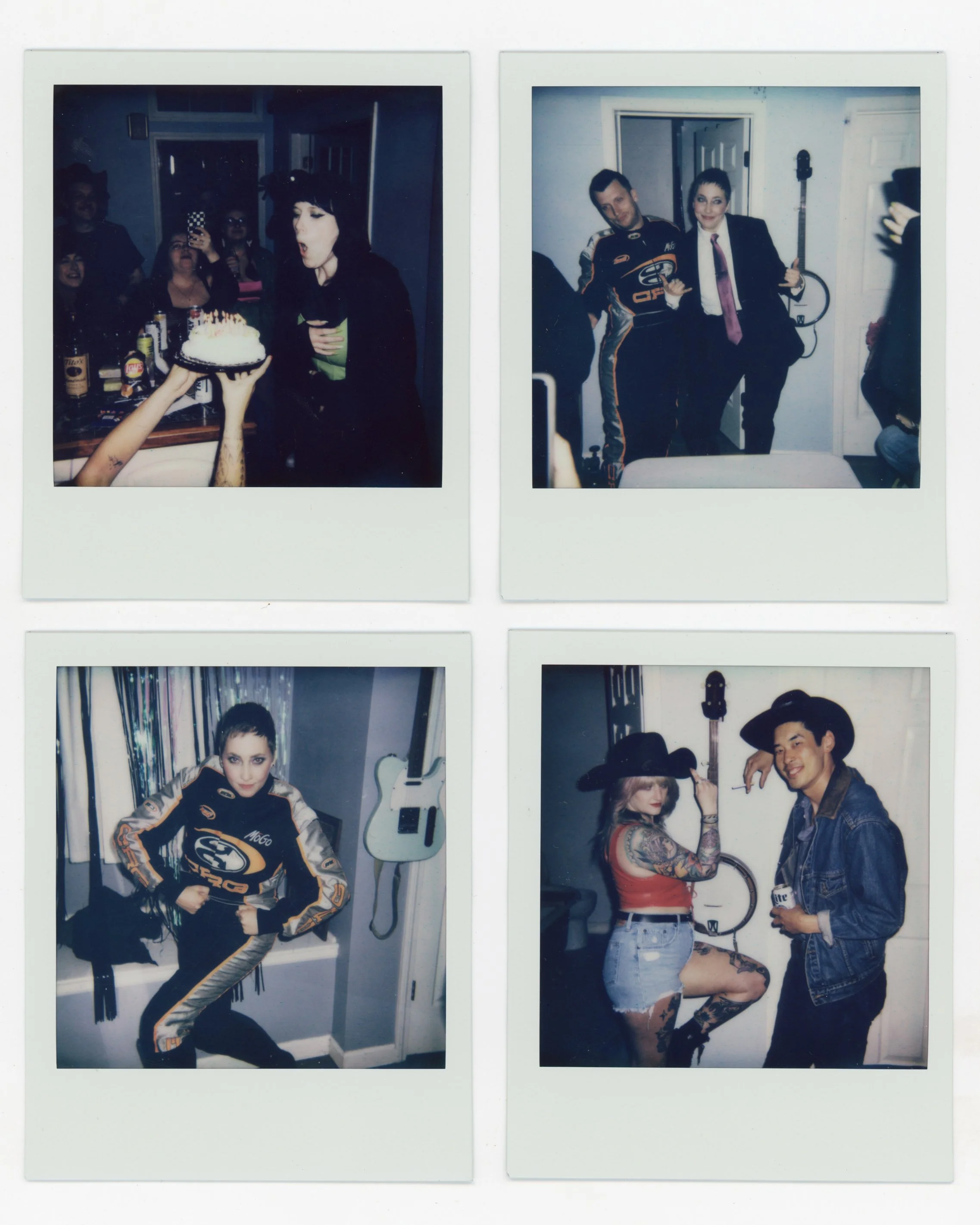 Four Polaroid photos from a birthday party, featuring people with tattoos, dressed in racing and vintage outfits, celebrating with a cake, posing with guitars, and wearing hats.