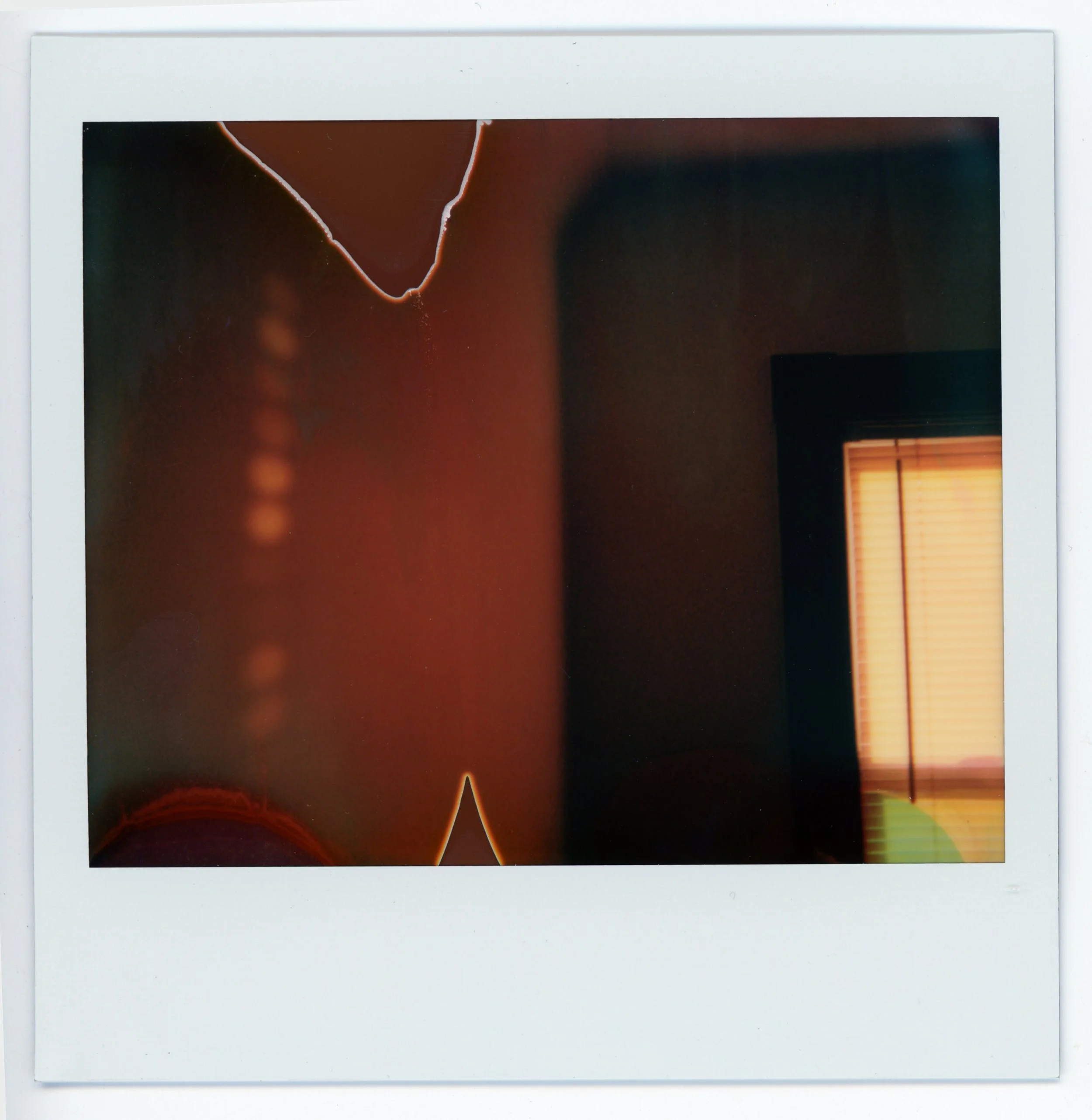 Polaroid photo with a dark, blurry interior scene and a window with closed blinds on the right side.