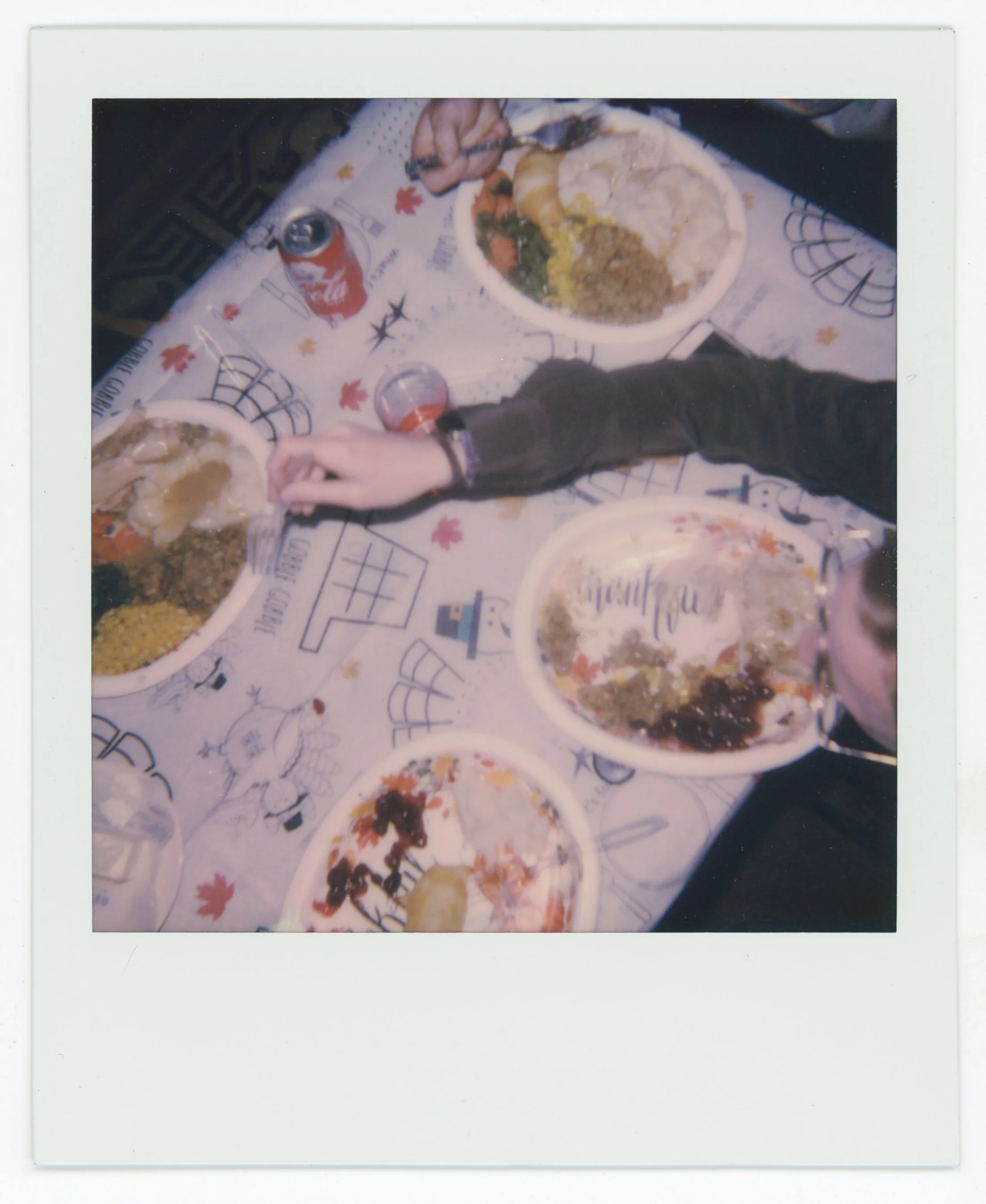 People sitting at a table with four plates of food, a can of Coca-Cola, and a glass of drink, seen from above.