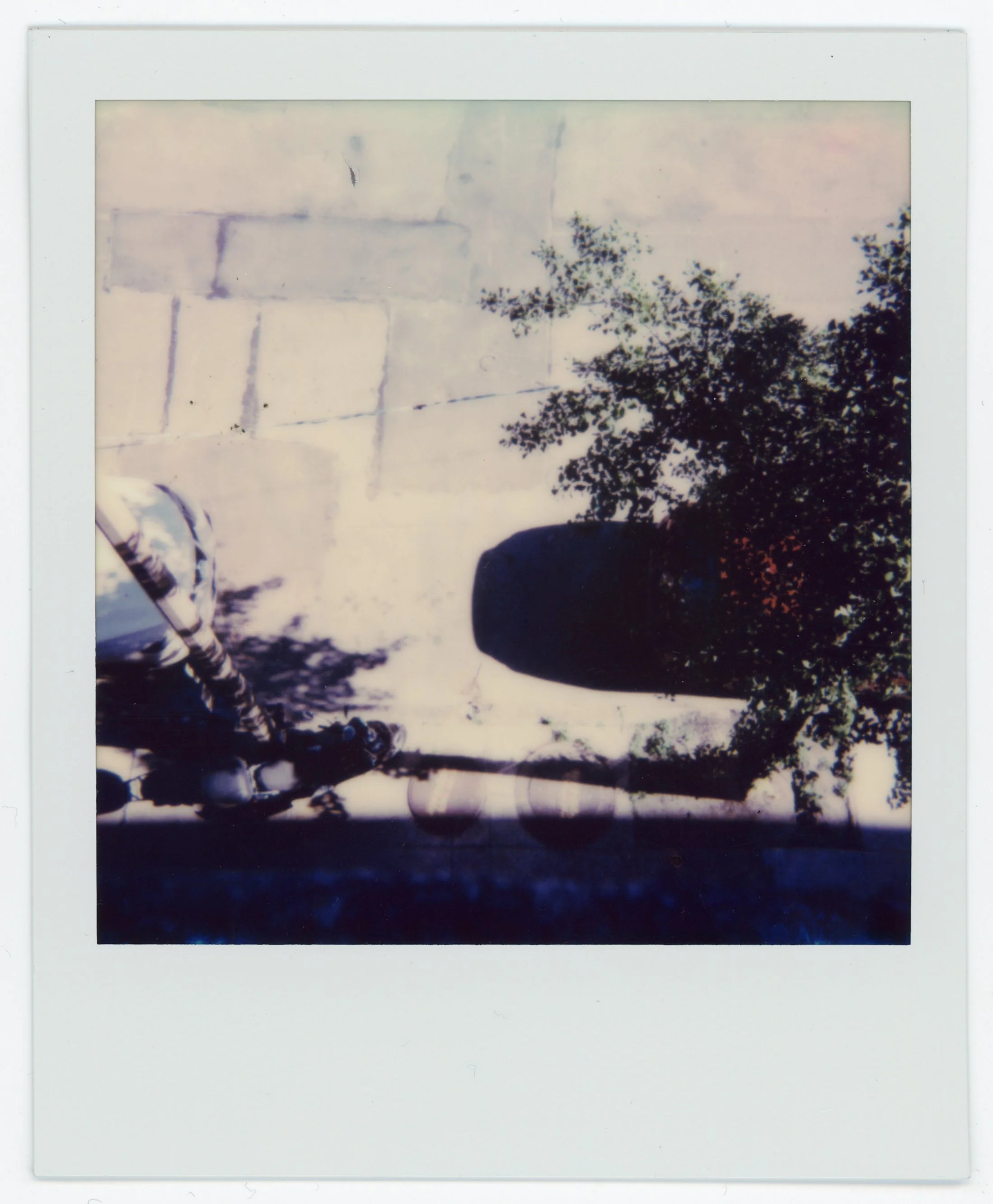 A Polaroid photo of a tree, a car, and a building wall, with shadows cast on the ground.