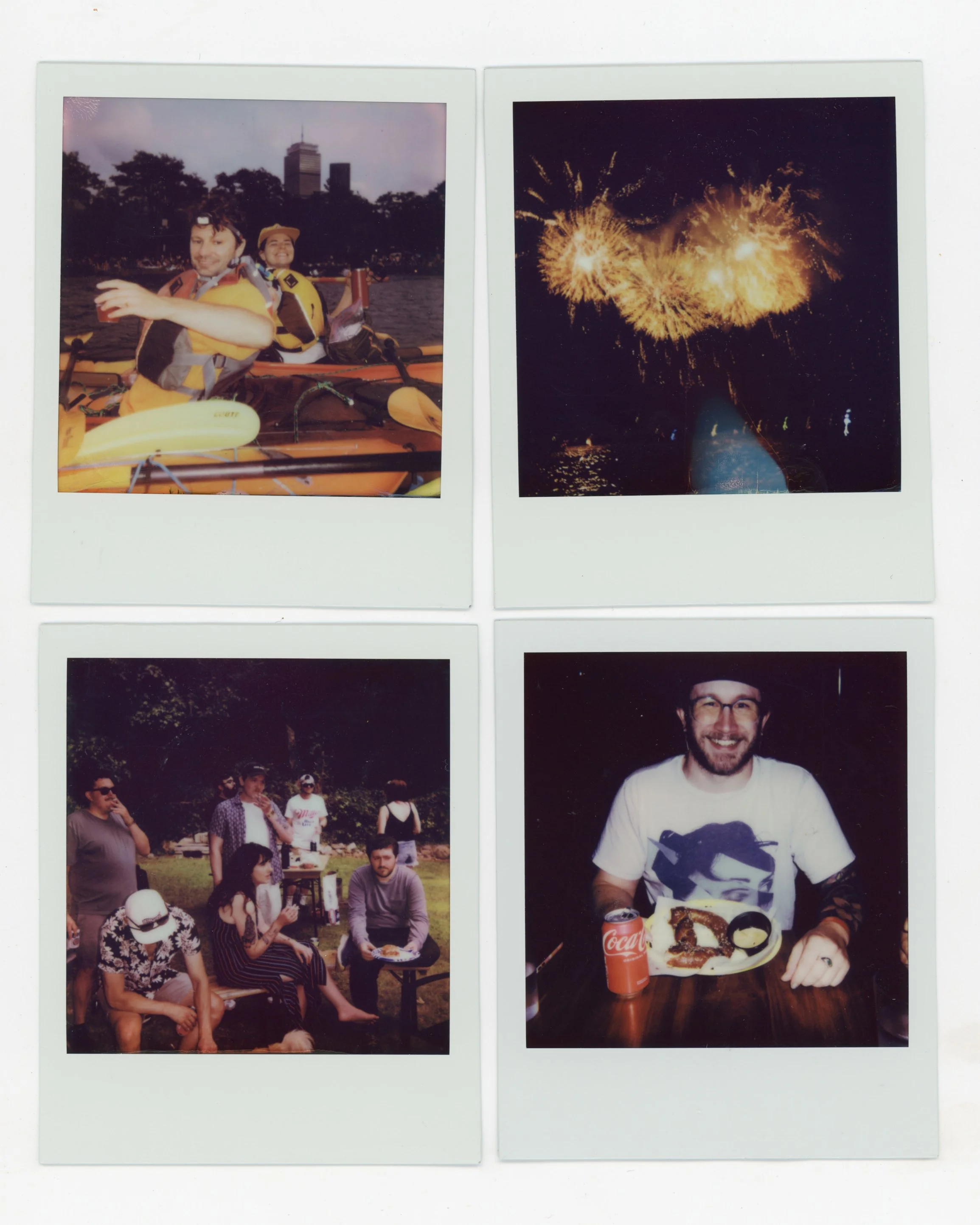 Four Polaroid photos showing people engaging in outdoor activities and celebrations, including kayaking, fireworks, a picnic or gathering, and a man enjoying a meal with a can of Coca-Cola.