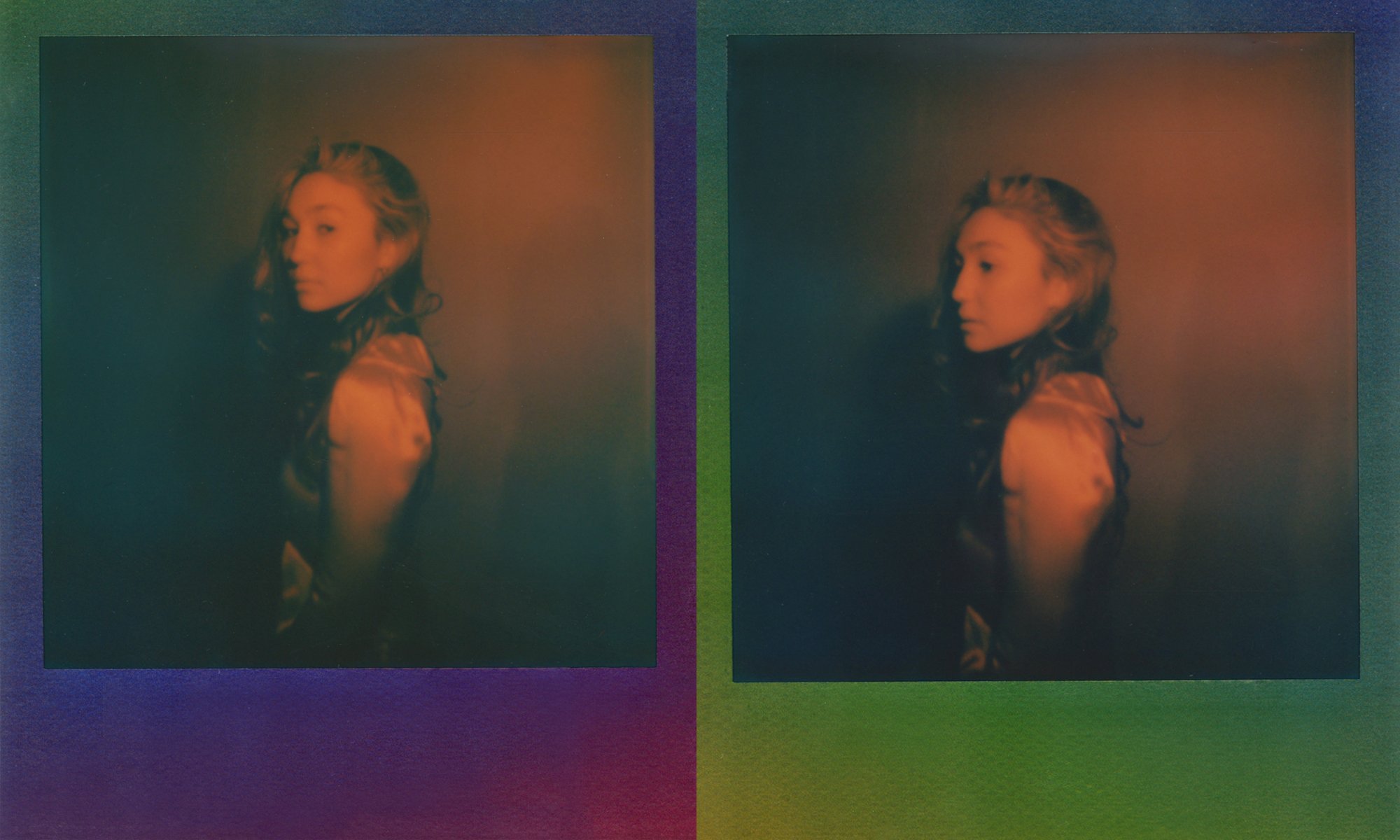 Two side-by-side portraits of a young woman with long, wavy hair, looking over her shoulder against a colorful gradient background with purples, blues, and greens.