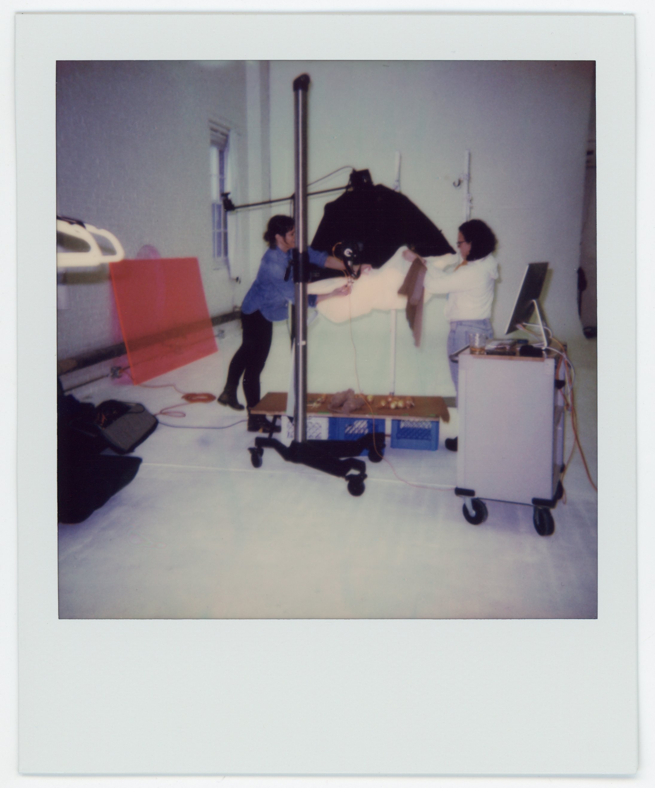 Two women working on a project involving a large photograph or artwork in a studio setting. One woman is holding a brown cloth, and the other is adjusting the photograph on the wall. There is a computer on a cart and various equipment around them.
