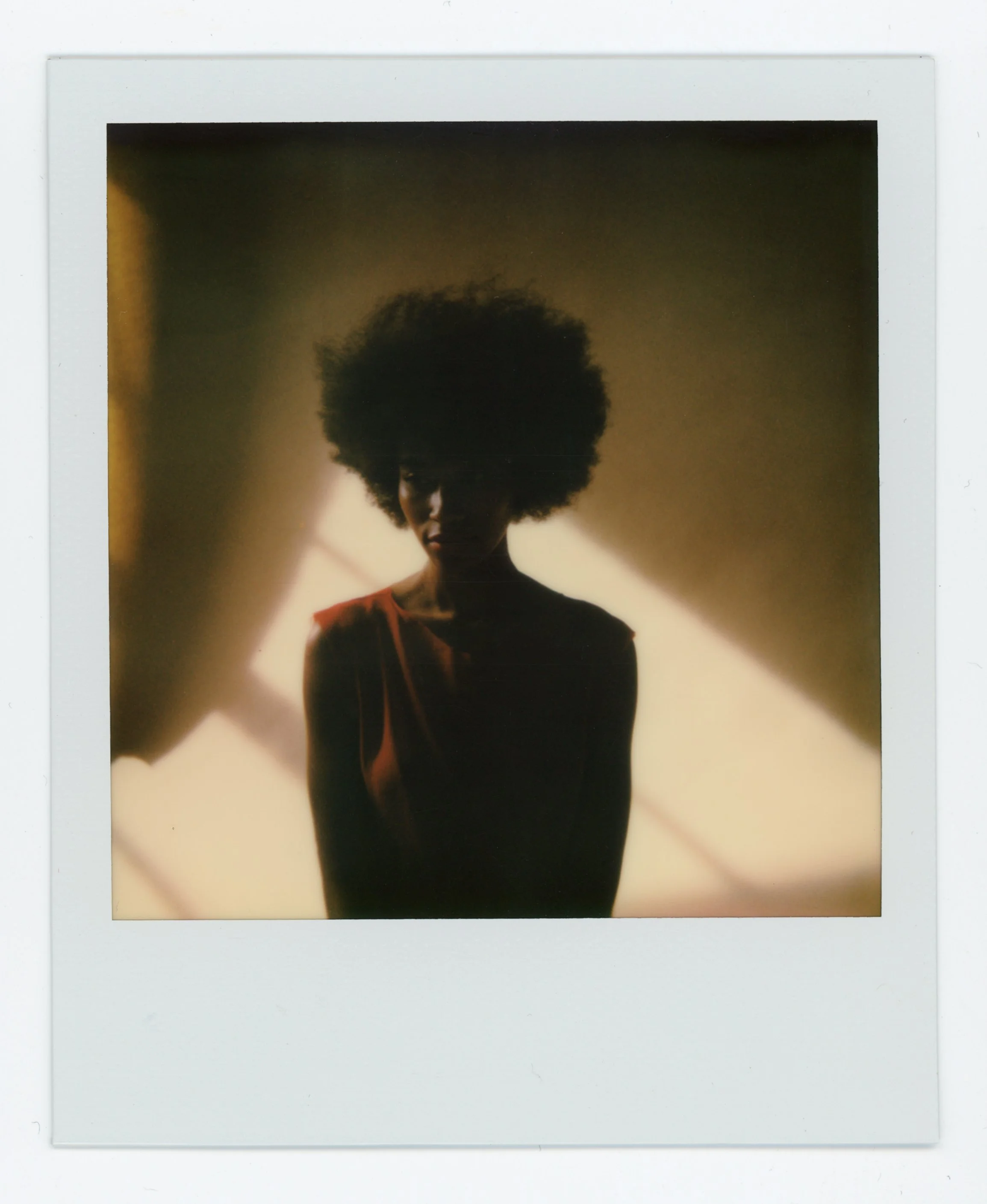 A woman with a large afro hairstyle standing in front of a blurred background with soft lighting.
