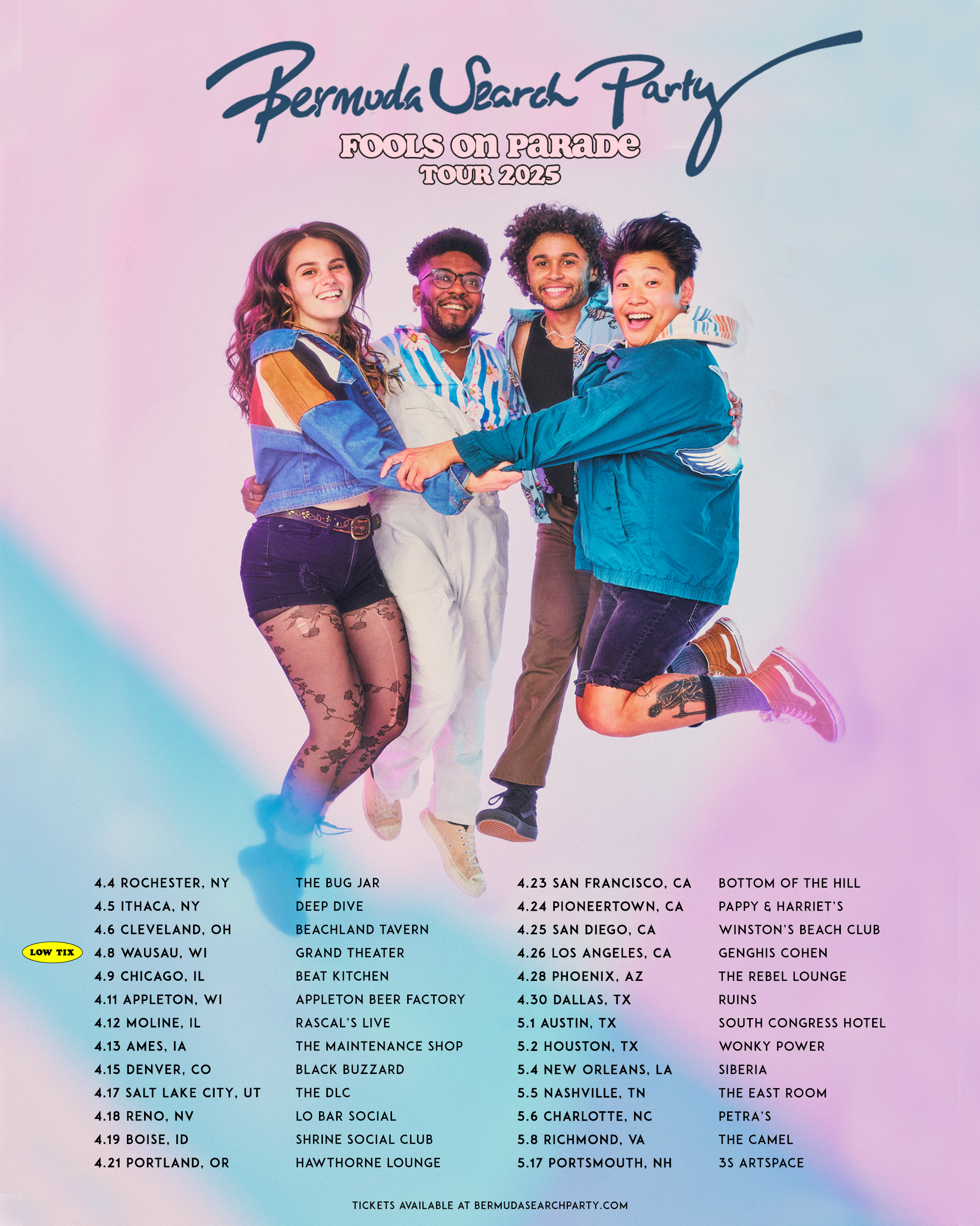 Poster for Bermuda Search Party's Fools on Parade tour 2023 featuring a group of four people joyfully posing together.