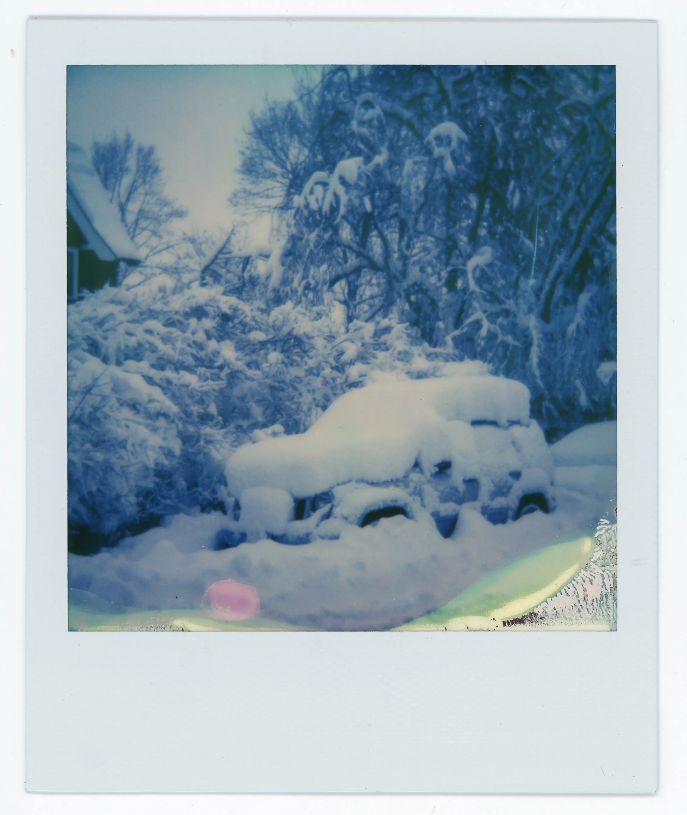 Snow-covered car in a snowy yard with trees and a house in the background.