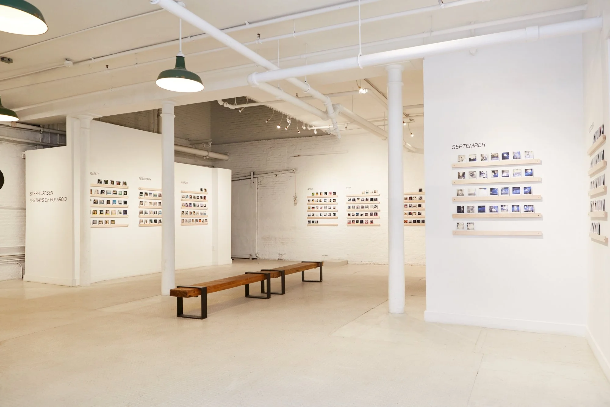 An art gallery with white walls displays a photo series organized by month from January to September. The photos are small and arranged in horizontal rows. There are two benches in the center of the room and track lighting illuminating the artwork.