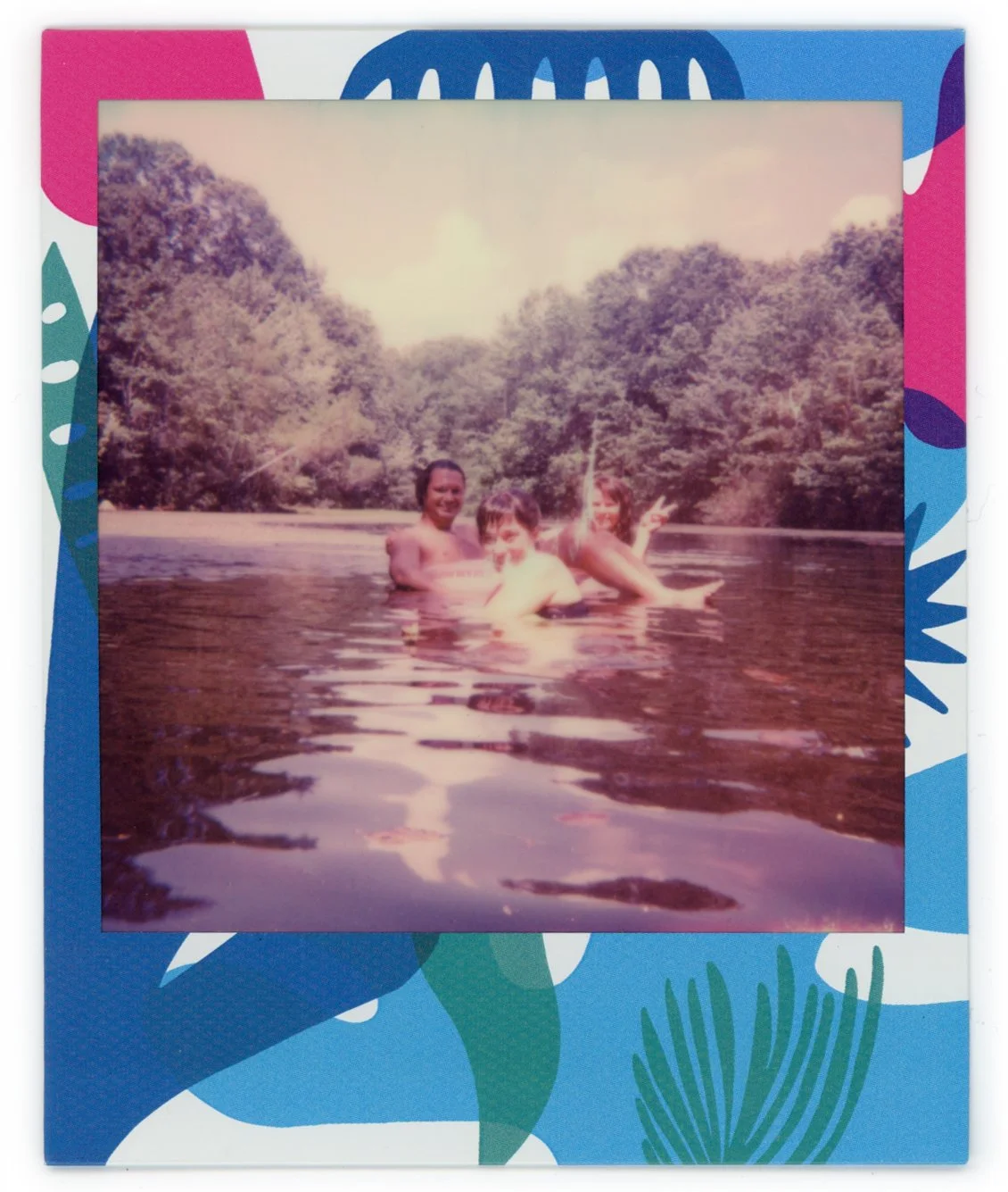 Three children swimming in a river surrounded by trees with a sunset or sunrise sky.
