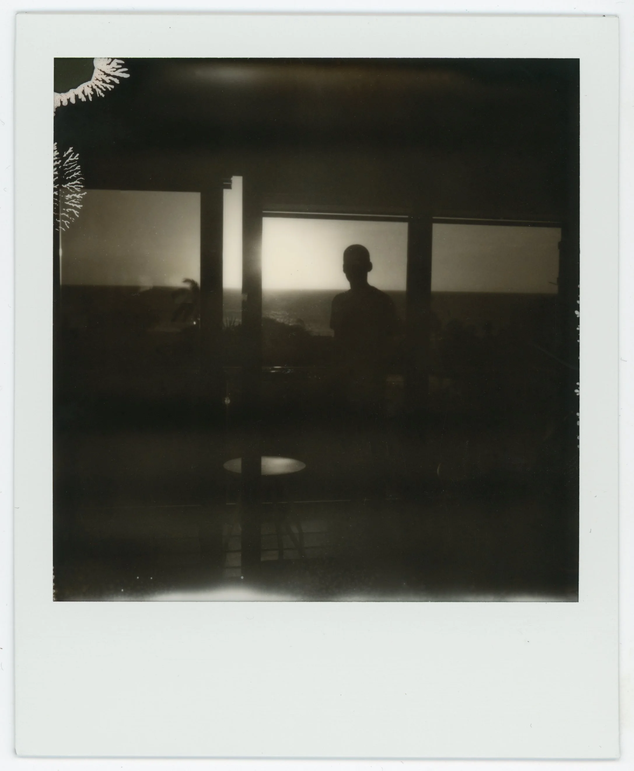 Silhouette of a person standing in front of a window with a view of the ocean and sunset.