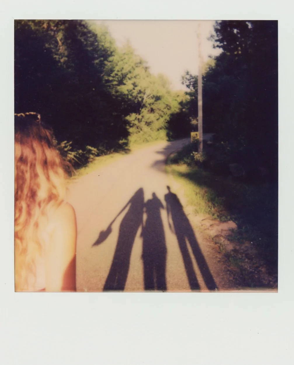 Shadows of three people walking on a rural road with trees on both sides, sunlight casting long shadows, and a utility pole on the right.