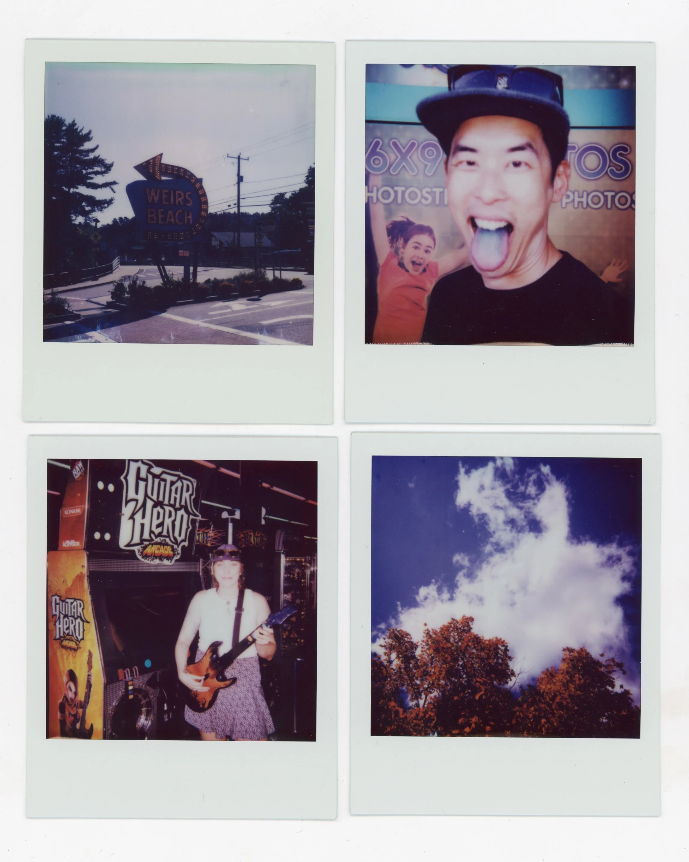 Four Polaroid photos arranged in a 2x2 grid. The top left photo shows a sign for Weirs Beach. The top right photo features a man sticking out his tongue and a woman in the background at a photo booth. The bottom left photo depicts a woman holding an 
