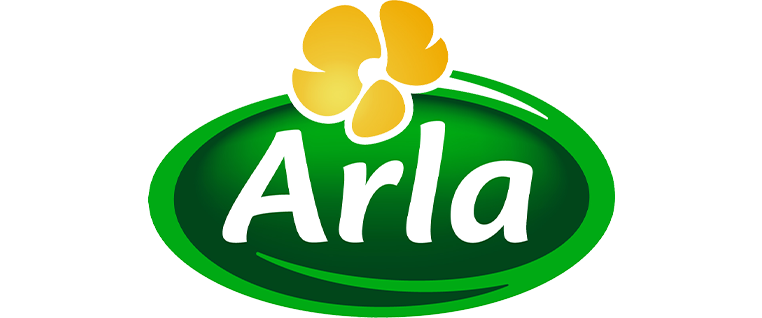 Arla logo with a yellow and white four-leaf clover above it.