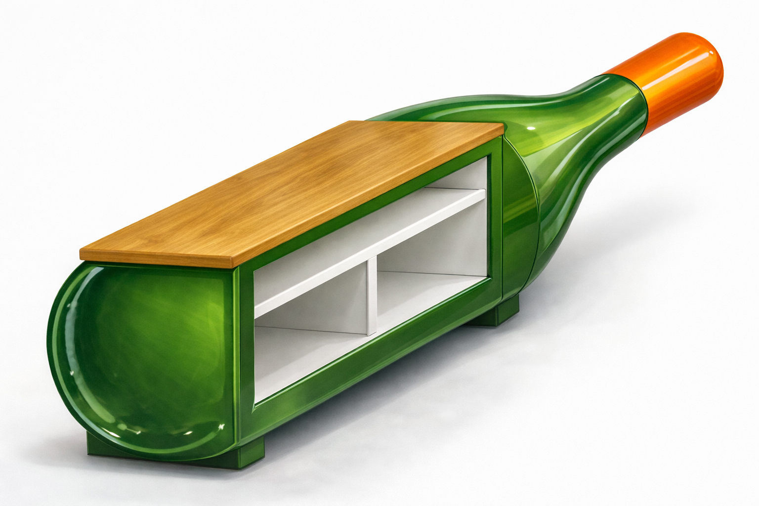 A playful piece of fibreglass bar designed to look like a large green bottle with a wooden top and white shelving inside. Creative and Custom fibreglass and composite solutions.