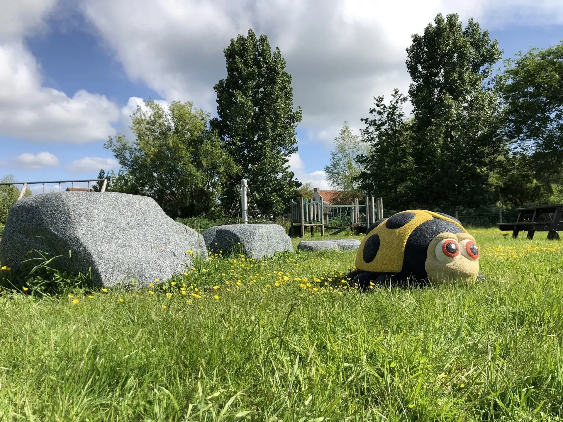 A grassy park with large rocks and a plush ladybug toy for Star Rubber. There are trees, a playground structure, and picnic tables in the background, under a partly cloudy sky. Creative and Custom fibreglass and composite solutions.