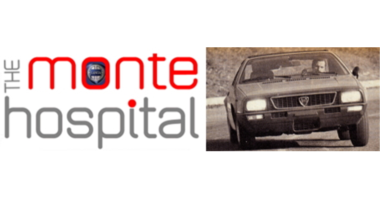 A logo with the text 'The Monte Hospital' and a vintage black and white photo of a car, likely from the 1980s.