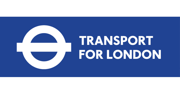 Transport for London logo featuring a white circle with a horizontal line through it on a blue background, with the text 'Transport for London' beside it.