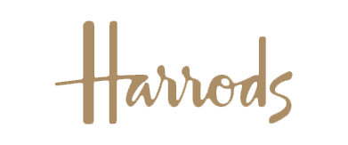 The word 'Harrods' written in beige cursive text on a black background.