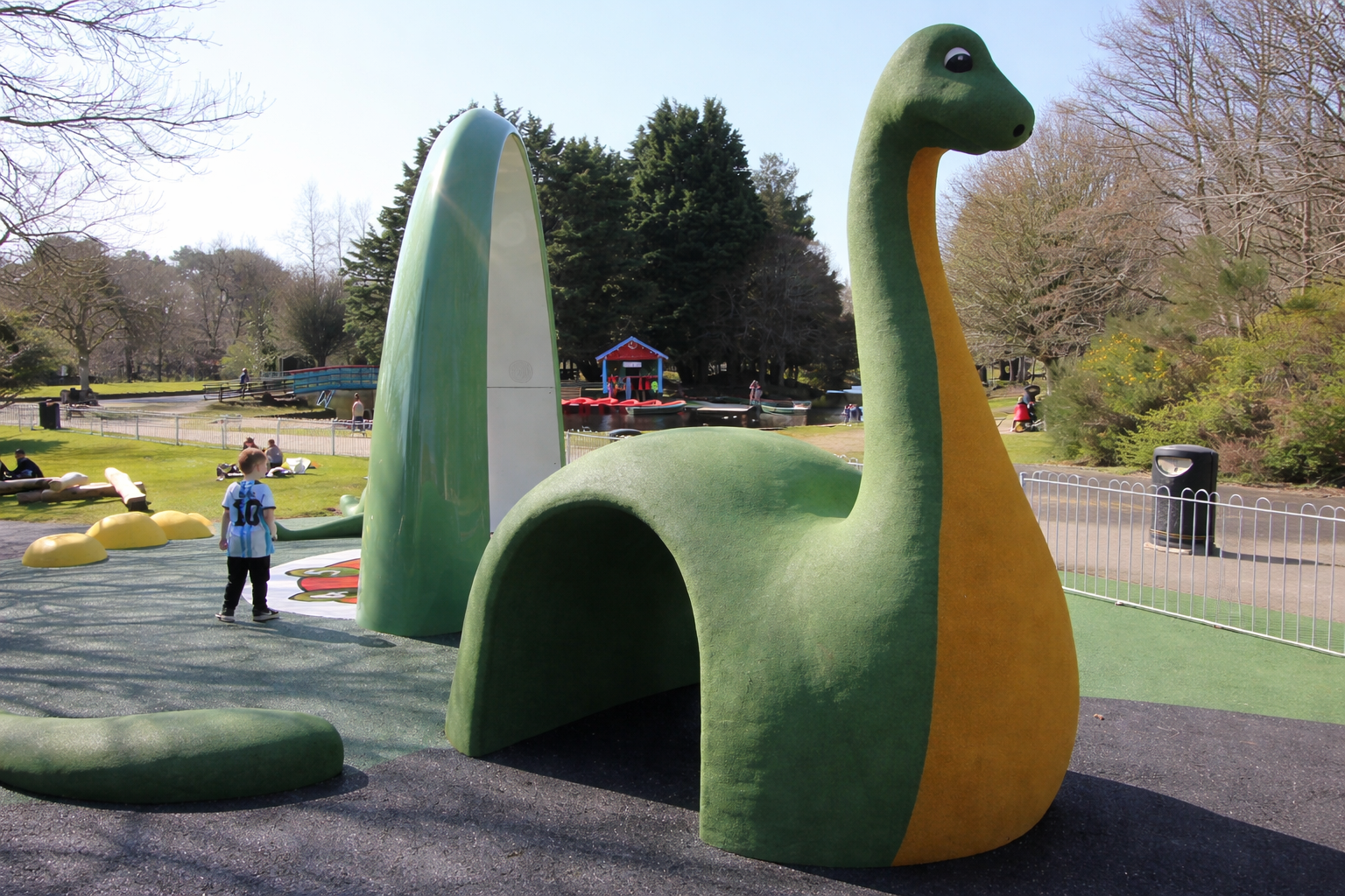Nessie sculpture for Whin Park, Inverness. Nessie-themed Lappset interactive Sona. Designed to resemble the iconic sea creature herself, the dance arch bridges the gap between technology and play through a variety of educational games.