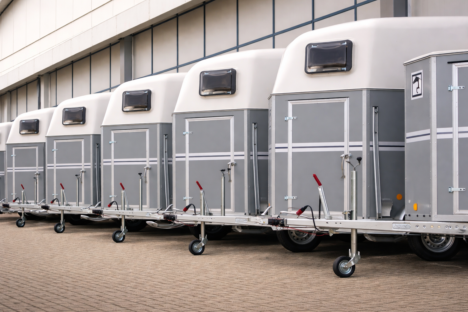 Several horse trailers parked in a row outside a building on a paved surface. Technical Composites.