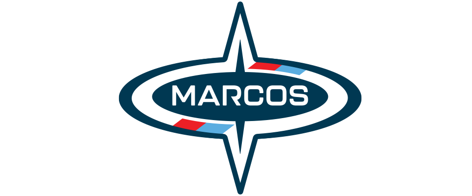 Marcos logo featuring a navy blue oval with white and red accents and a white arrow pointing north.