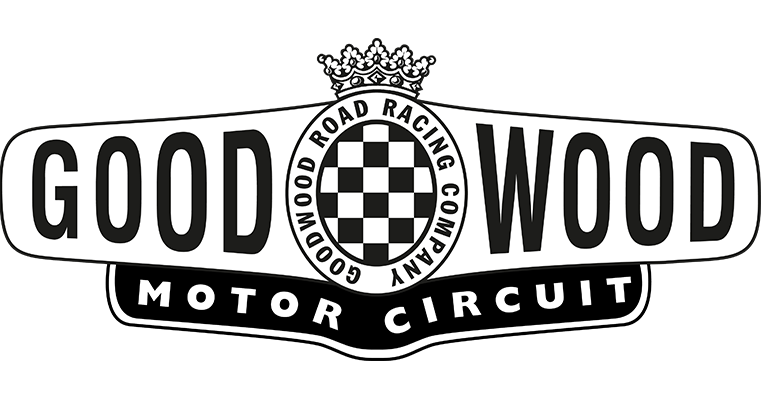 Black and white logo of the Goodwood Motor Circuit featuring a crown, a checkered circle, and the words "Goodwood Motor Circuit" and "Goodwood Road Racing Company"