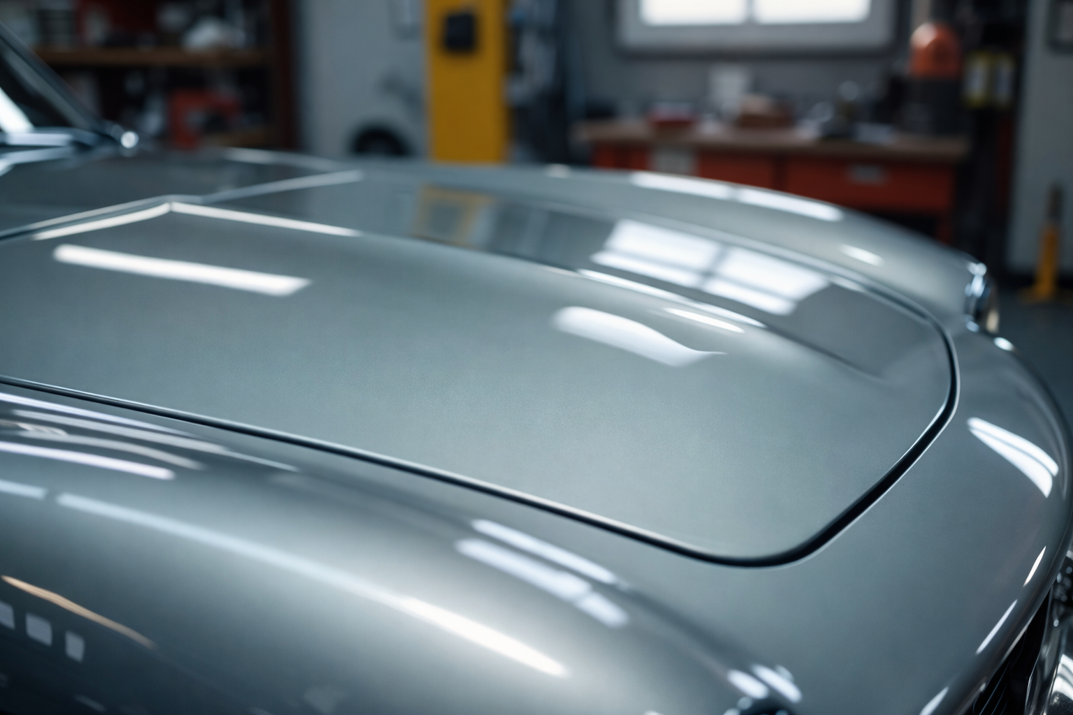 Close-up of a silver car's hood with reflections of workshop lights, in a garage setting. Technical Composites.