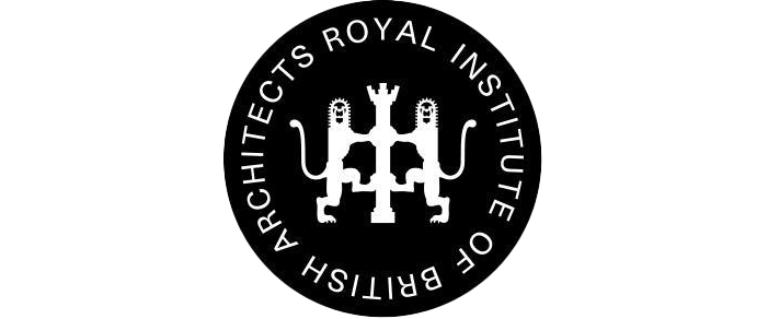 Royal Institute of British Architects logo in black and white with a circular design and two heraldic lions.