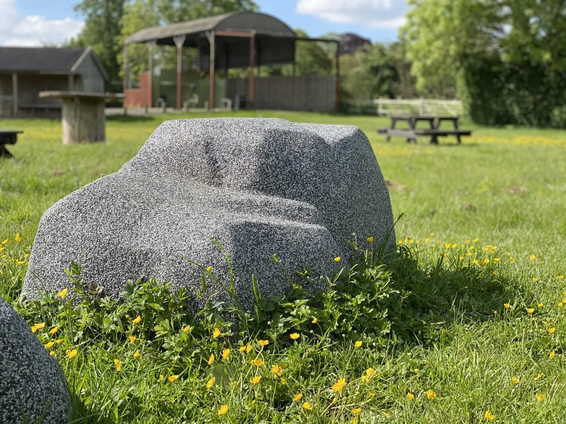 A large gray rock in a grassy park with yellow flowers, with picnic tables and a pavilion in the background, under a partly cloudy sky for Star Rubber. Creative and Custom fibreglass and composite solutions.