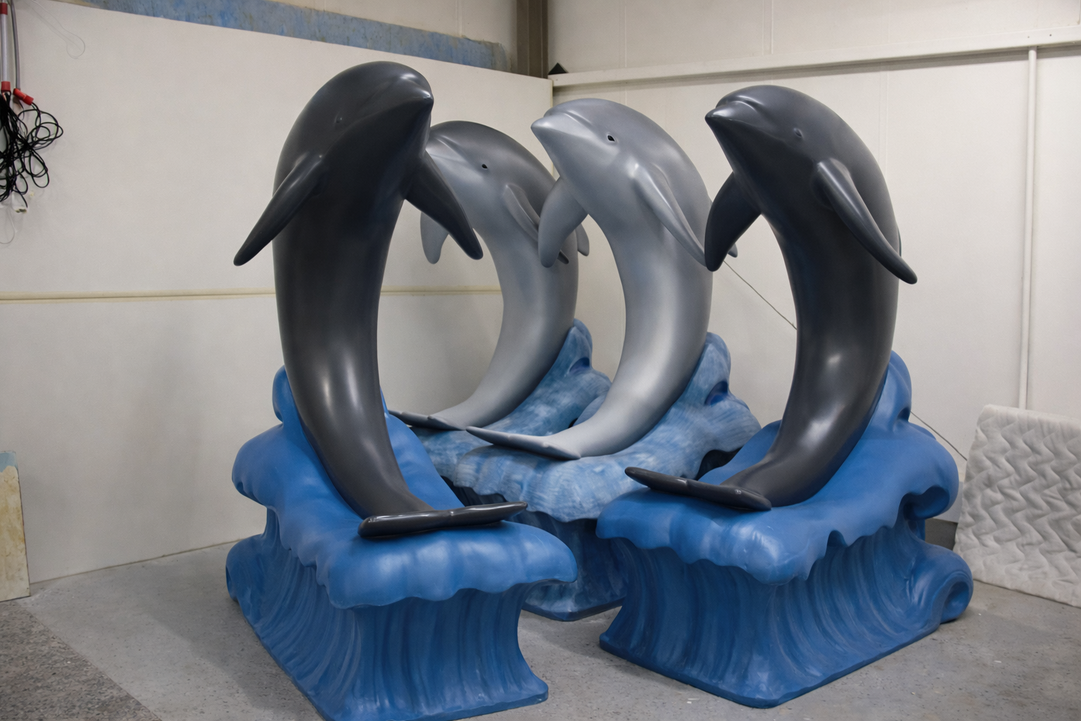 Four dolphin sculptures made of fibreglass, in shades of dark gray and light gray, arranged on flow-like blue bases in an indoor setting.  Creative and Custom fibreglass and composite solutions. 