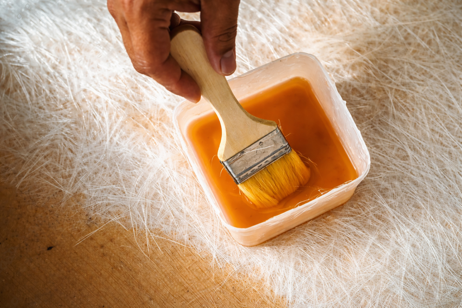 A hand holding a paintbrush dipping into resin in a rectangular container placed on a fibreglass surface.