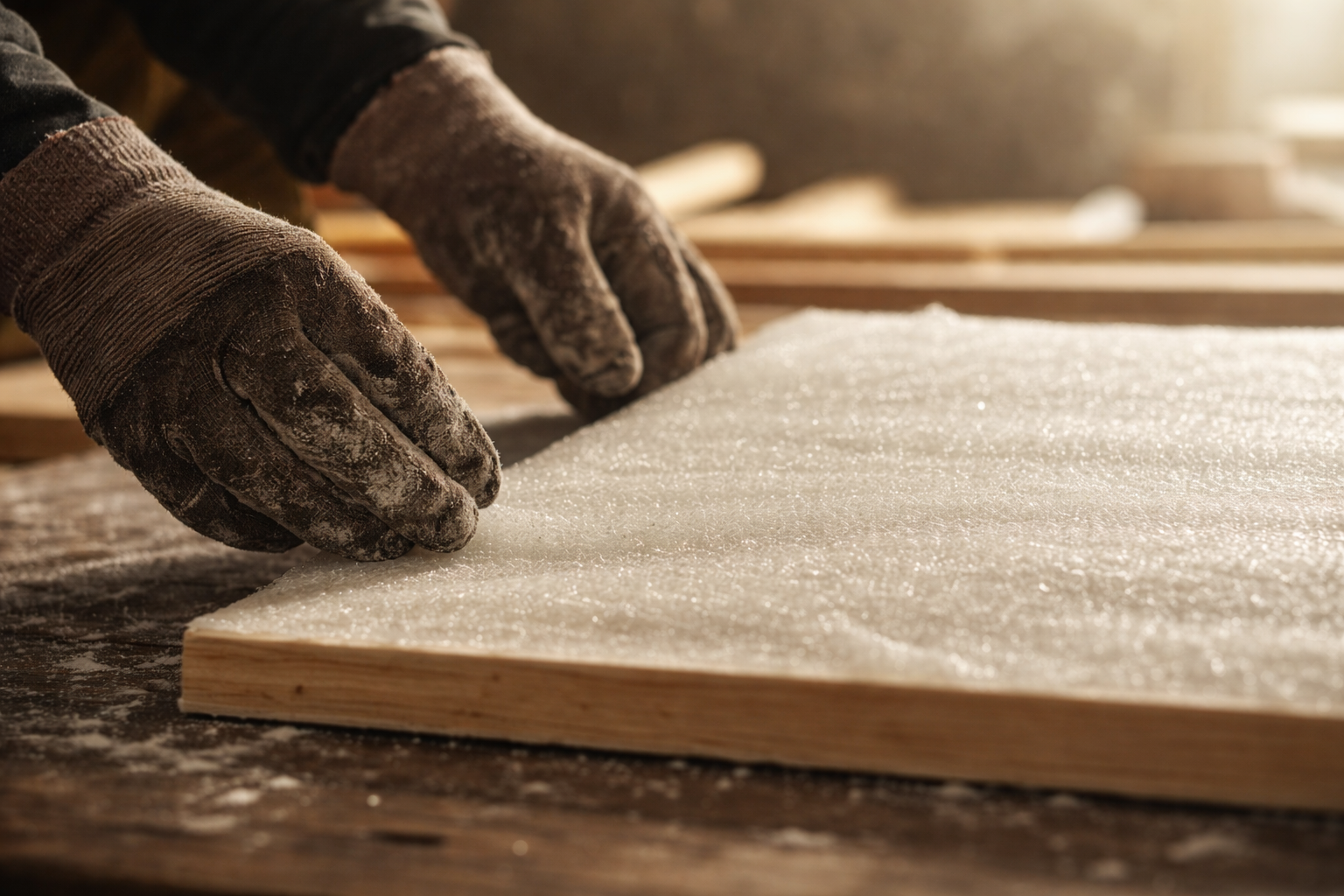 Person wearing dusty gloves smoothing a piece fibreglass on a workbench.