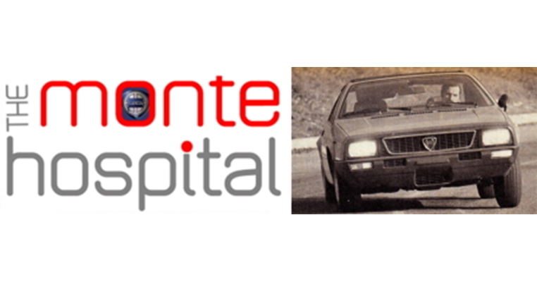 Logo of The Monte Hospital next to a vintage black and white photo of a car driving on a road.