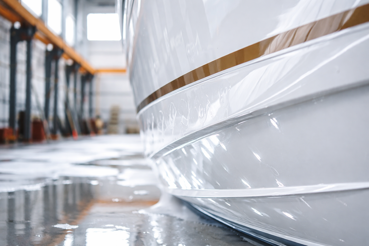 Close-up of a white boat hull with a brown stripe, inside a warehouse or workshop, with tools and equipment in the background. Technical Composites for marine.
