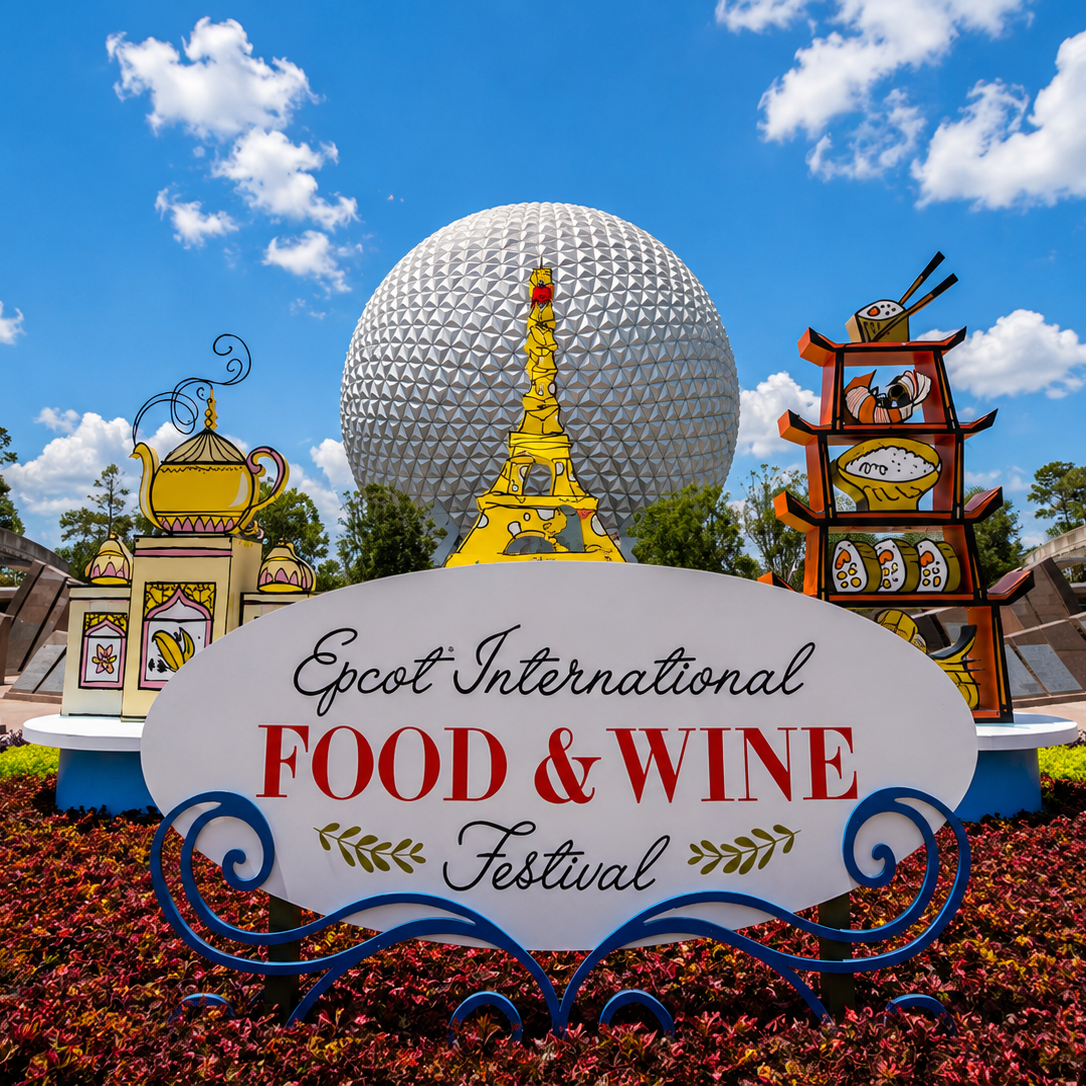Sign for Epcot International Food & Wine Festival with a large geodesic sphere in the background, decorated with illustrations of a teapot, Eiffel Tower, sushi, and a bowl of rice, under a blue sky with white clouds.