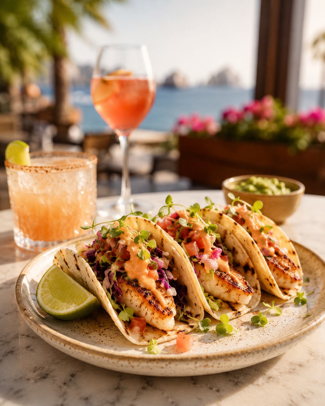 Three grilled fish tacos on a ceramic plate garnished with microgreens and lime wedges, with two cocktails and a bowl of guacamole on a marble table outdoors by the water.