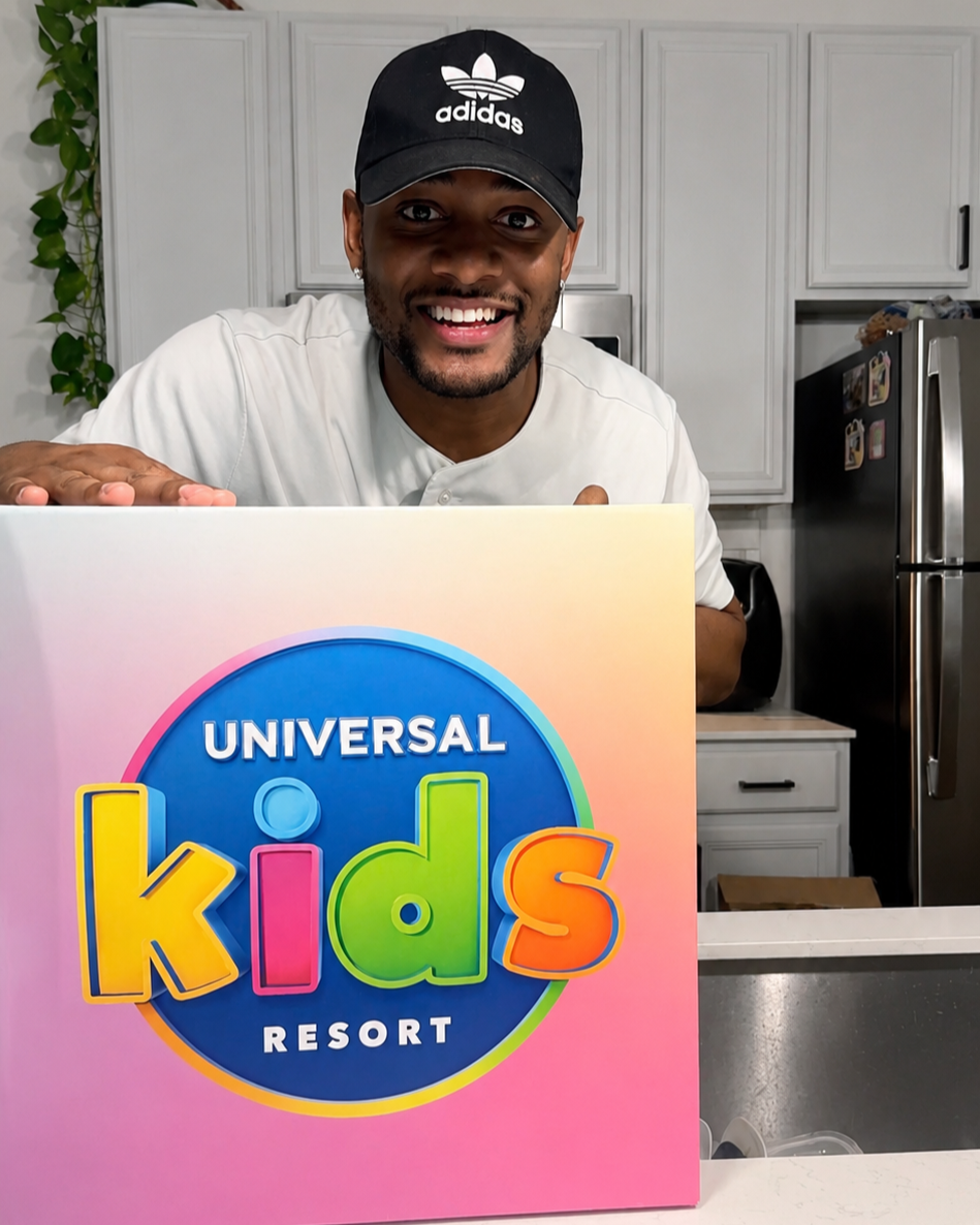 A smiling man wearing a black Adidas cap and white shirt is behind a colorful sign that reads 'Universal Kids Resort.' He is in a modern kitchen with cabinets, a refrigerator, and a plant visible in the background.