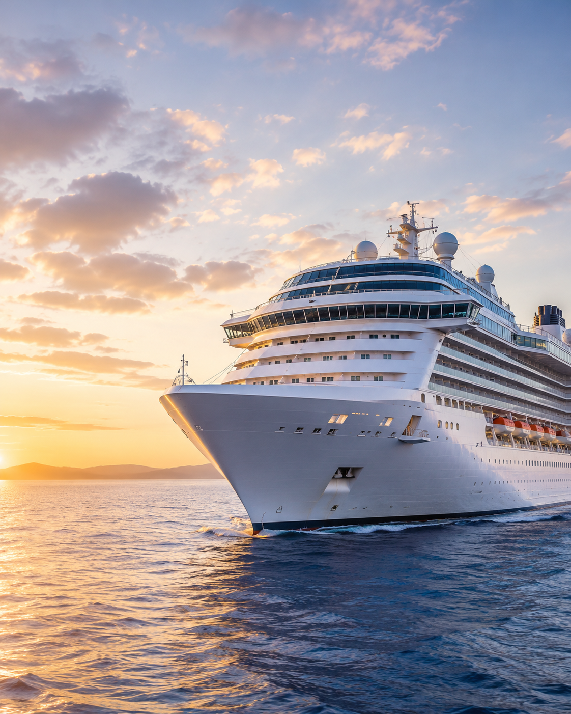 A large white cruise ship sailing on the water during sunset with a partly cloudy sky in the background.