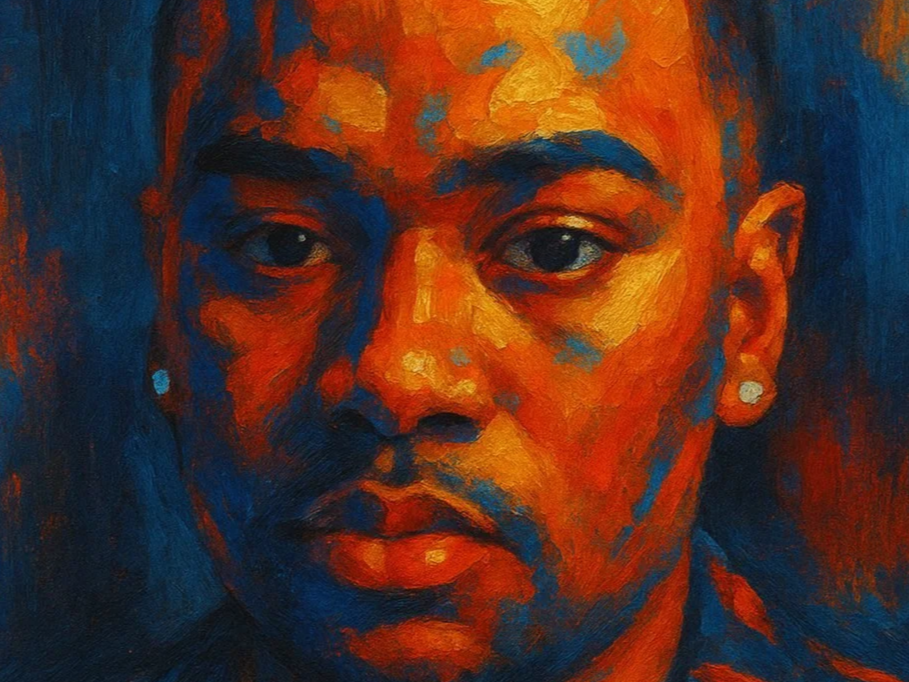 An abstract portrait of a woman with warm tones of orange, red, and yellow, with contrasting blue shadows, looking directly at the viewer.