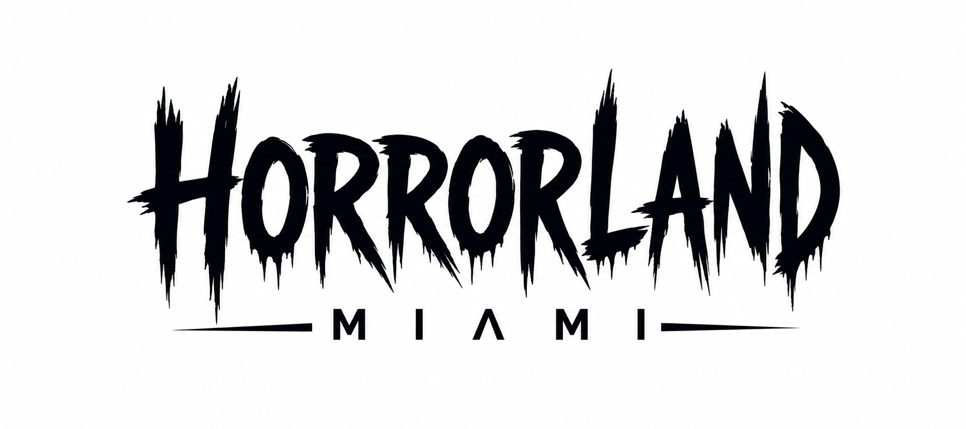 Black and white logo for Horrorland Miami with jagged horror-themed font.
