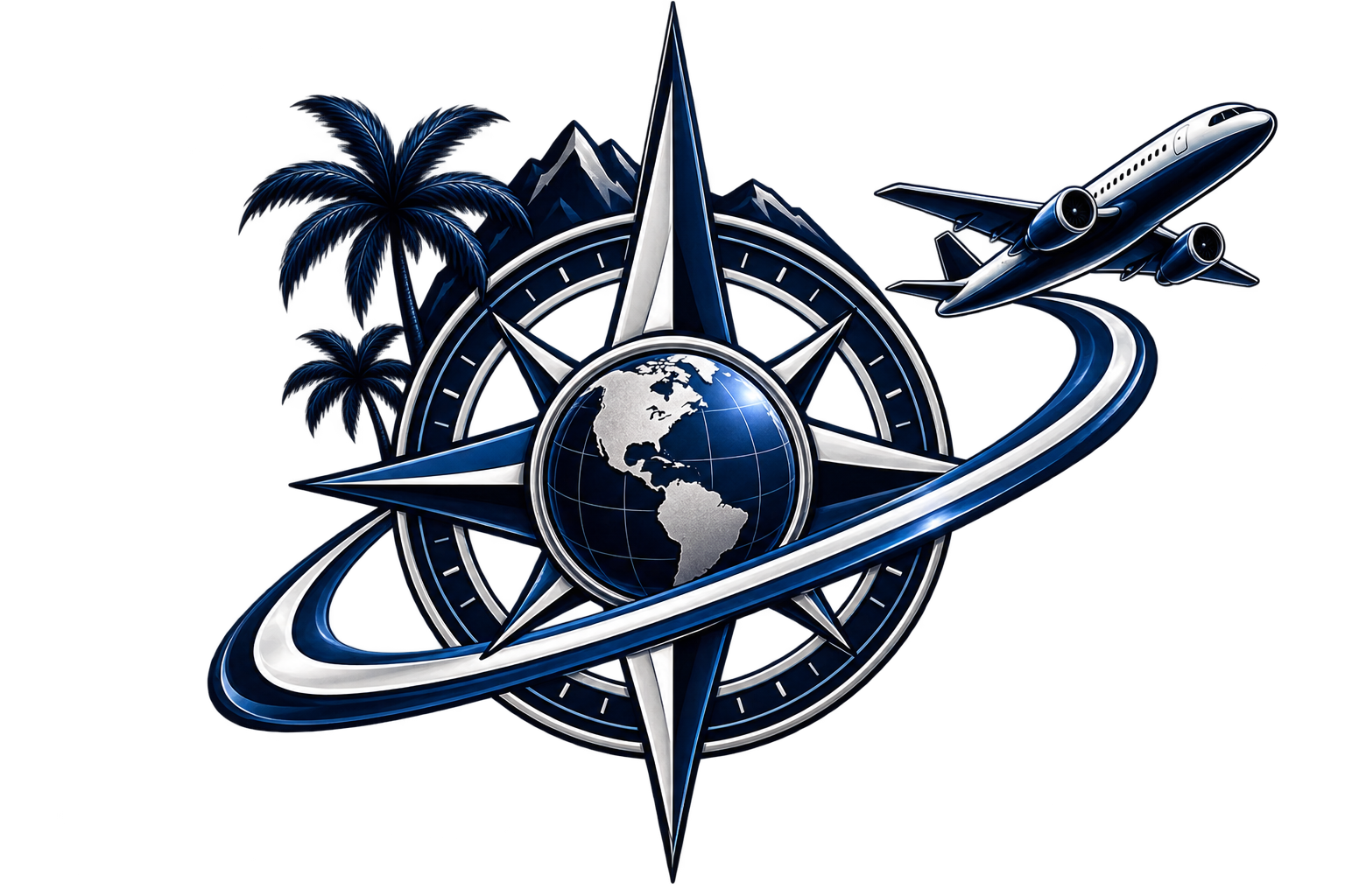 A digital illustration featuring a globe with North and South America, a large compass rose, palm trees, and a flying airplane with a blue and silver color scheme.